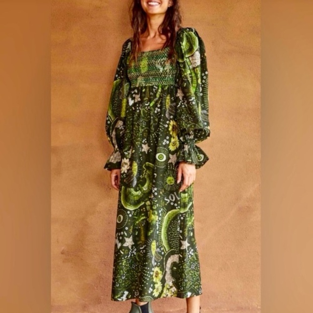 RARE Farm Rio Green Borogodo Dress Long Tropical Smocking Beaded Tassel Size XL